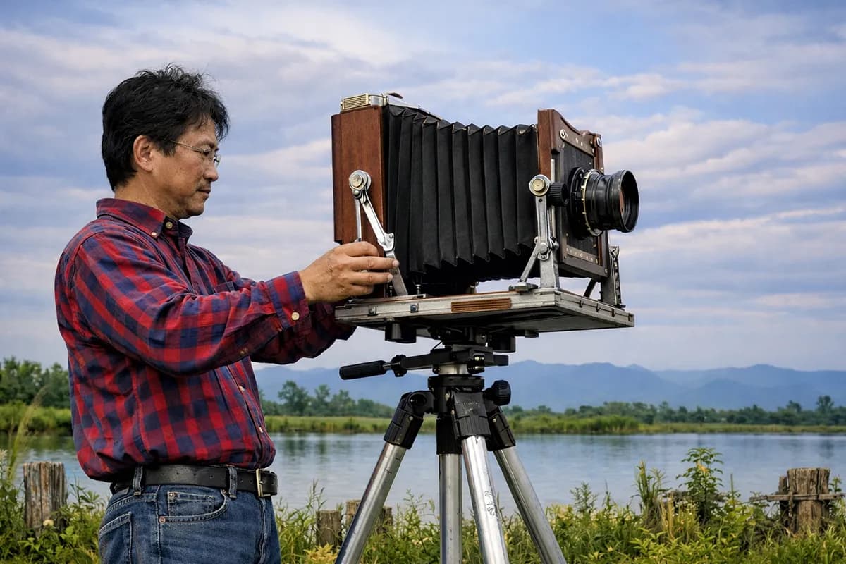 Photographer working with a wooden large-format view camera on a tripod