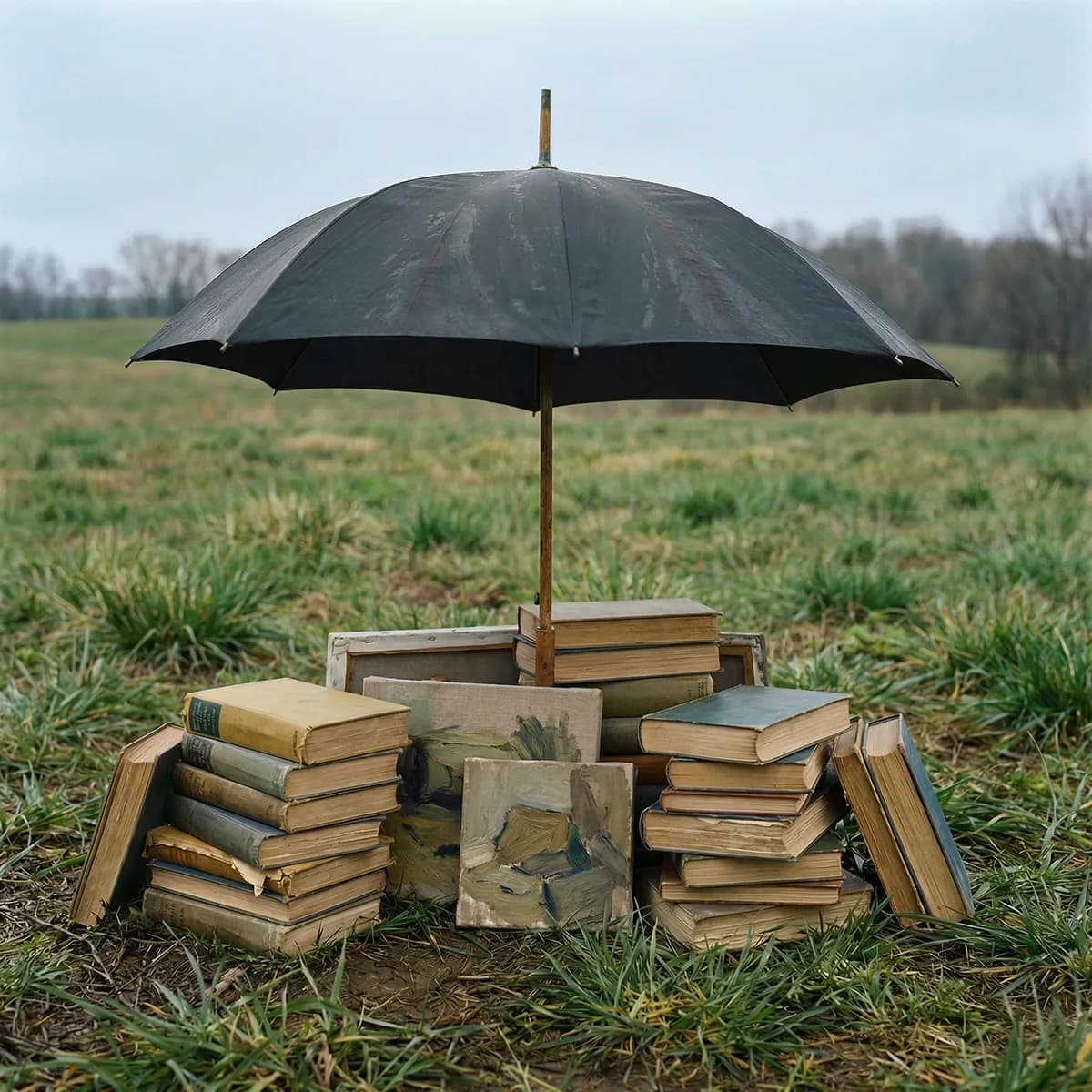 Umbrella sheltering books and artwork in a field — protecting insured collections