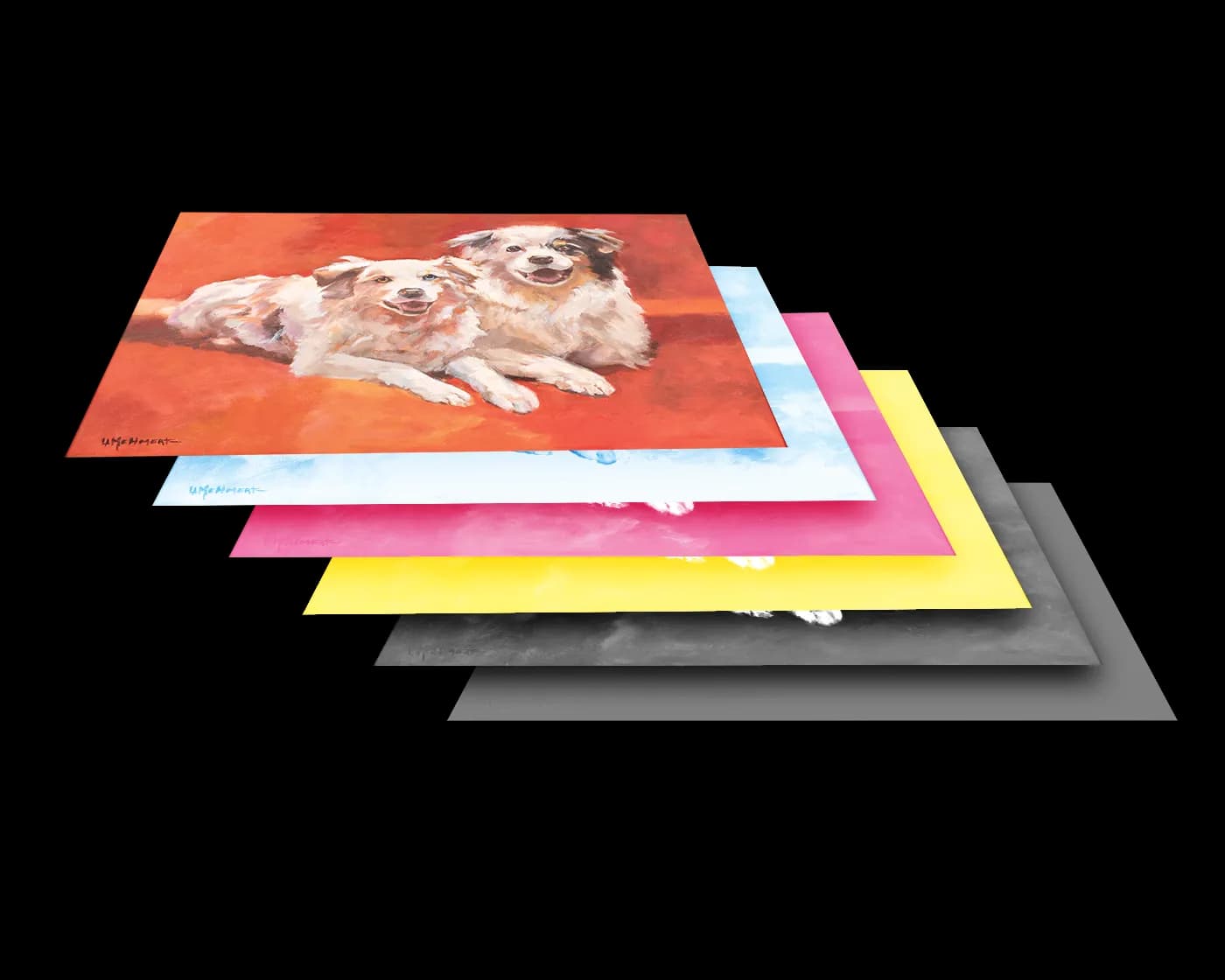 Stack of CMYK and finished giclée prints rendered as a museum reproduction