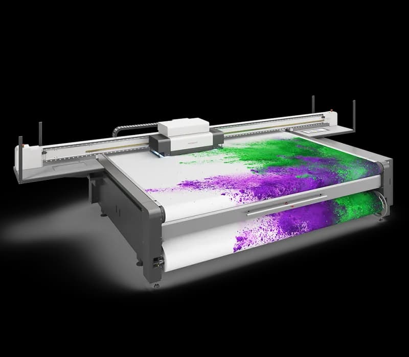 A swissQprint Nyala 5 UV-LED flatbed printer building a layered pigment print