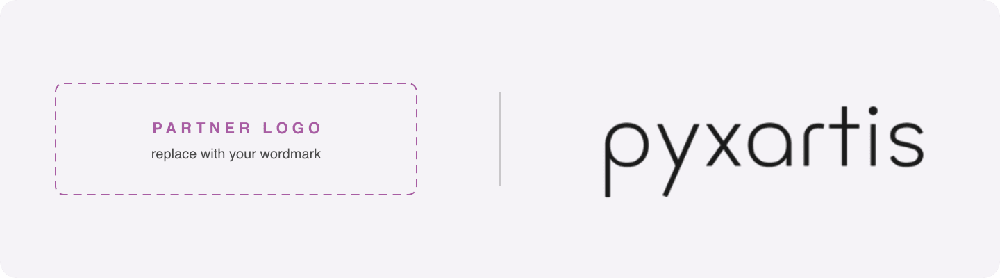 Co-branding lockup template — partner logo placeholder, vertical divider, pyxartis wordmark